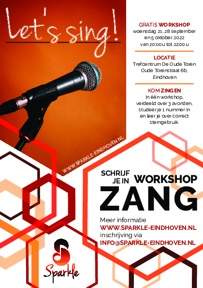 Flyer voor de gratis zang-workshop van Sparkle op 21 en 28 september en 5 oktober 2022 in Trefcentrum De Oude Toren in Eindhoven. Inschrijven via info@sparkle.nl