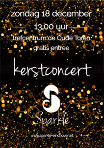 Afbeelding van een poster. De tekst op de poster luidt: " zondag 18 december 13.00 uur trefcentrum de Oude Toren gratis entree kerstconcert Sparkle www.sparkle-eindhoven.nl"